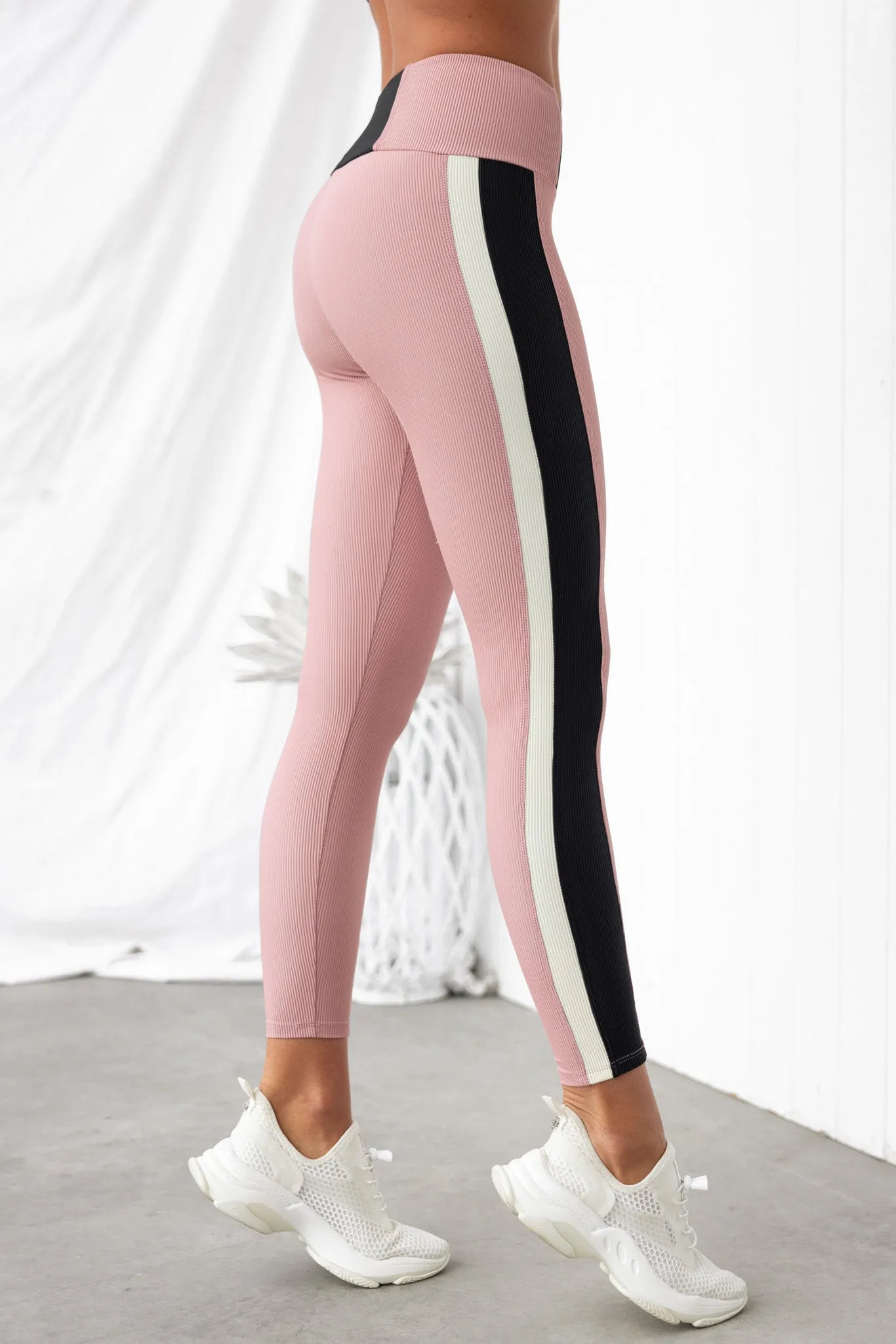 Colour Block Rib Leggings - Antique Rose/Black