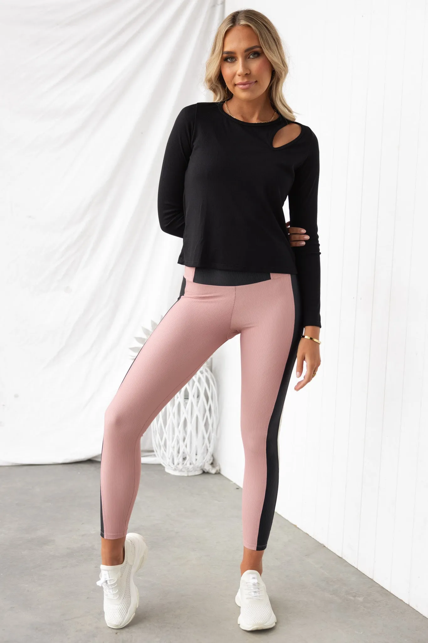 Colour Block Rib Leggings - Antique Rose/Black