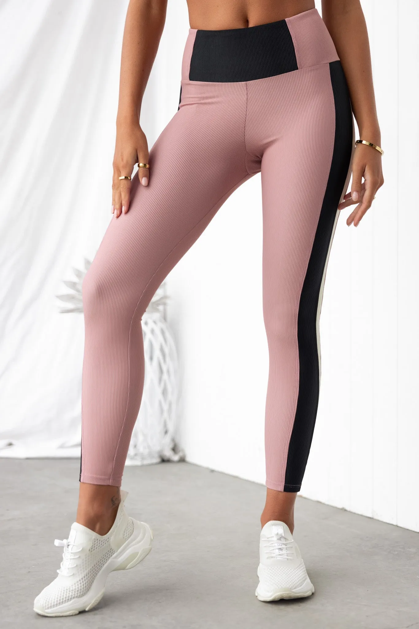 Colour Block Rib Leggings - Antique Rose/Black