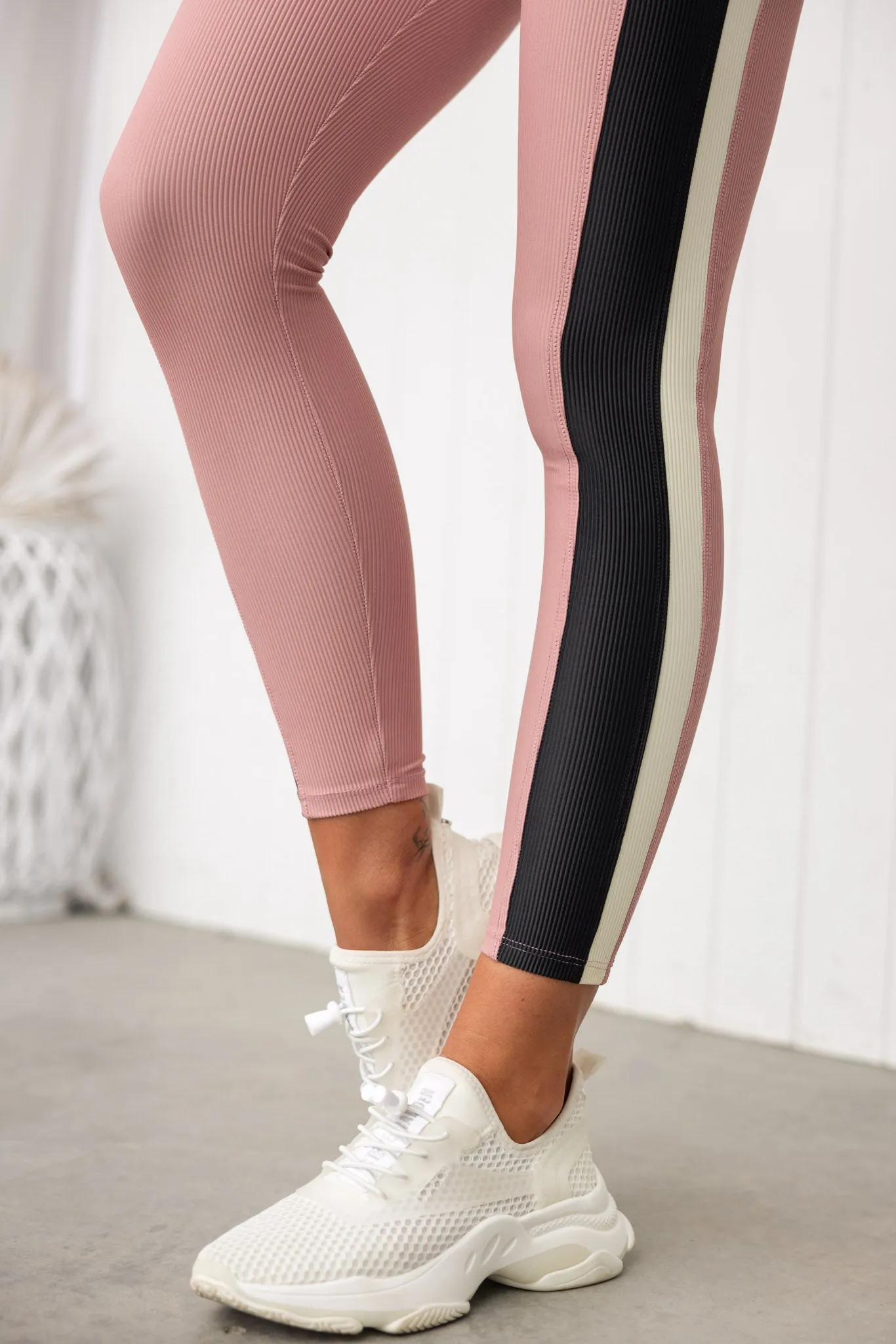 Colour Block Rib Leggings - Antique Rose/Black