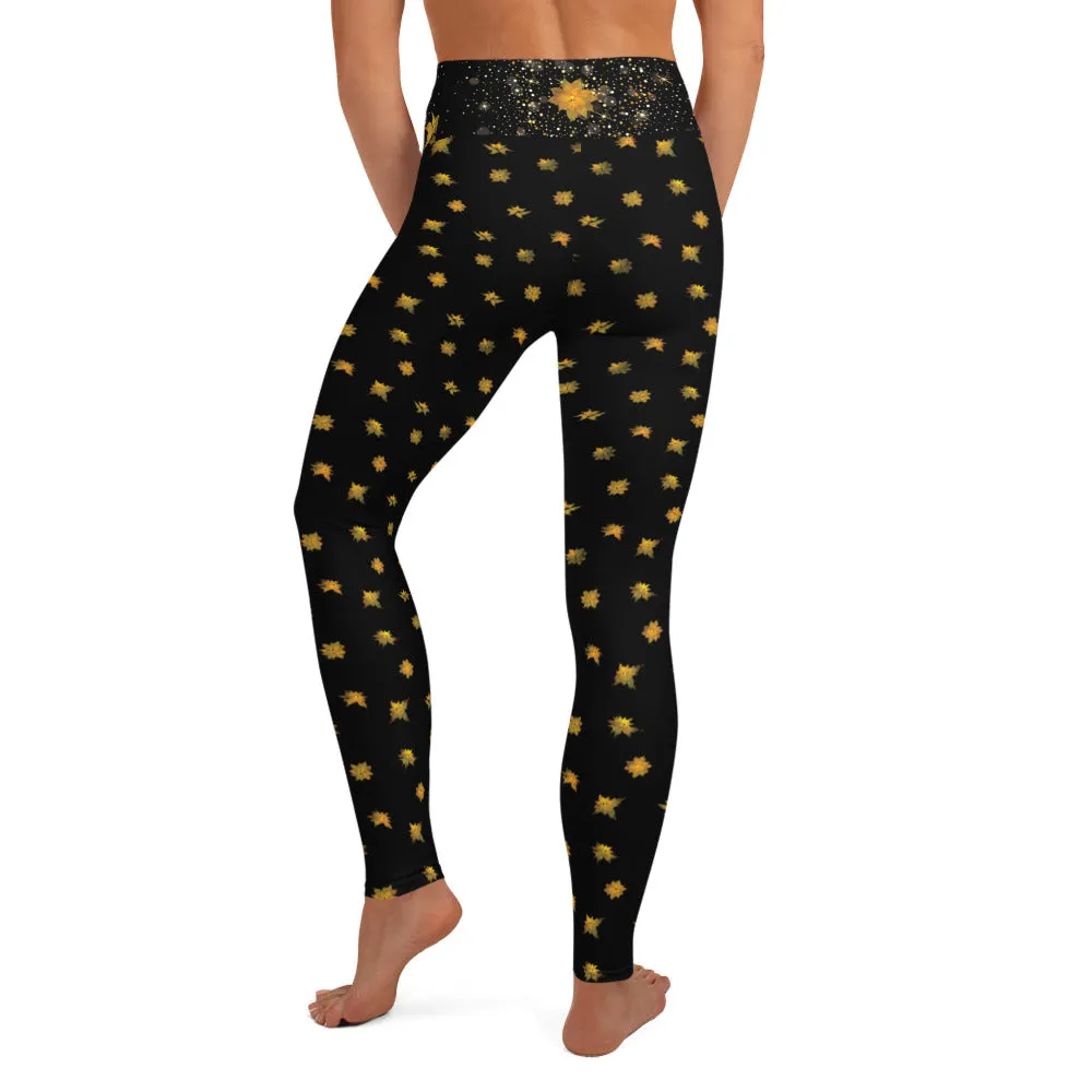 Crazy-Ass Leggings - Black w Yellow Poinsettias - Yoga Leggings