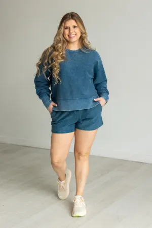 CROPPED SIDE SLIT CORDED CREW - NAVY