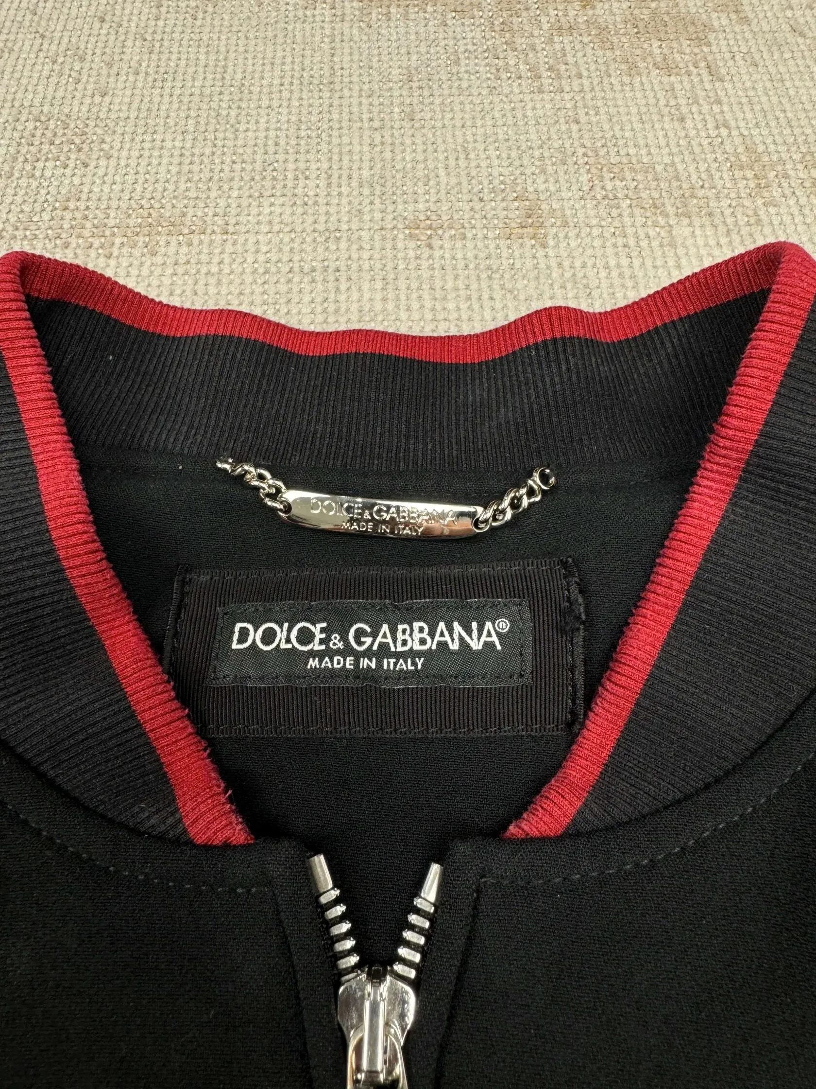 Dolce & Gabbana Red Plaque Logo Full Zip Jacket - Black