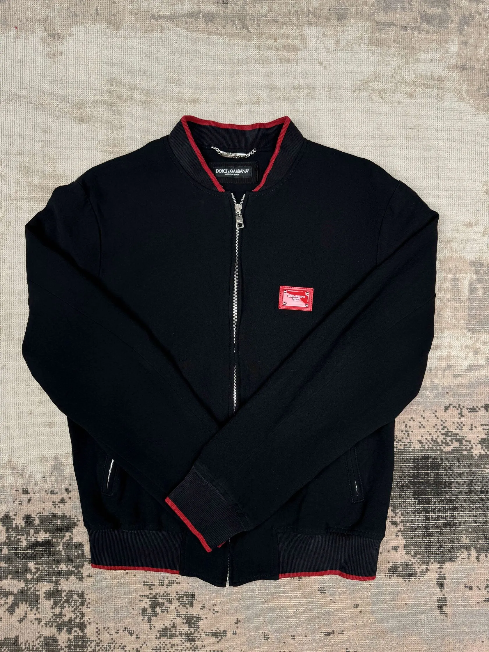 Dolce & Gabbana Red Plaque Logo Full Zip Jacket - Black