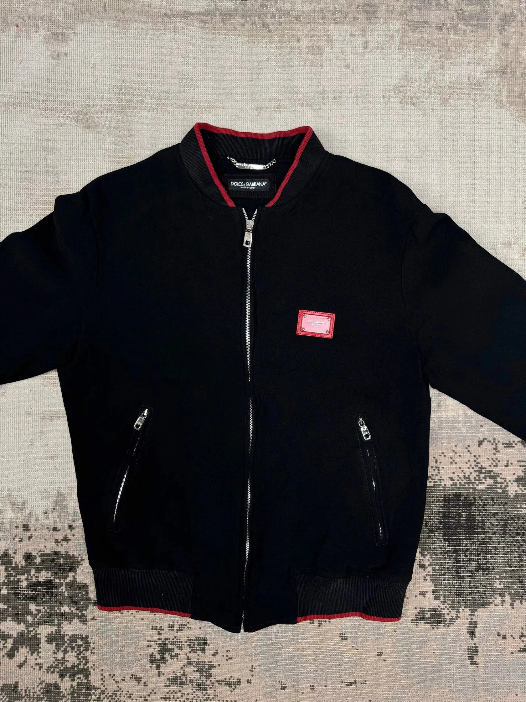 Dolce & Gabbana Red Plaque Logo Full Zip Jacket - Black