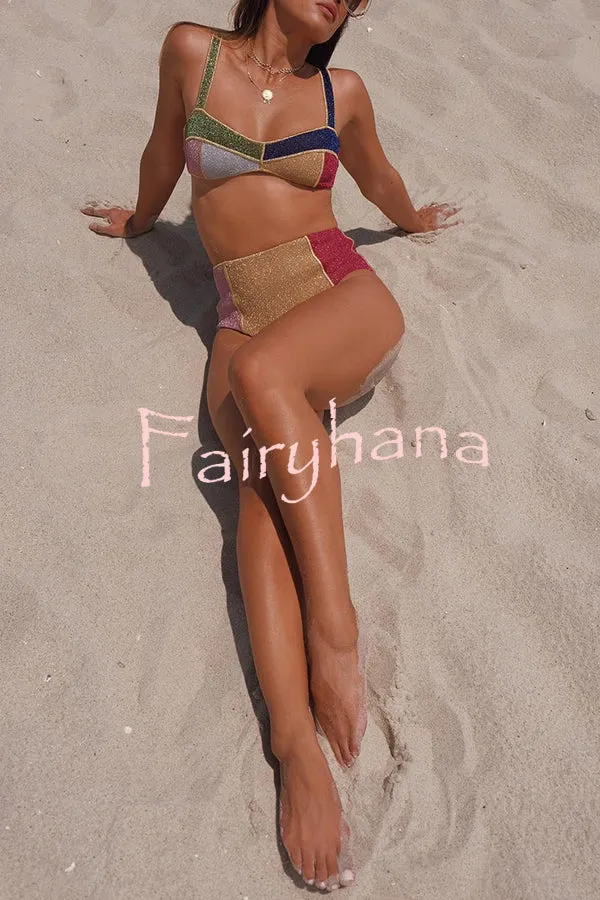 Dream Beach Glitter Fabric Color Block High Waist Bikini Swimsuit