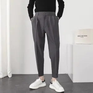 Elastic Waist Slim Fit Men's Casual Pants: Korean Style Pleated Tapered Design