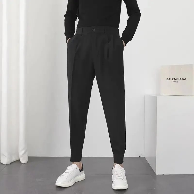 Elastic Waist Slim Fit Men's Casual Pants: Korean Style Pleated Tapered Design