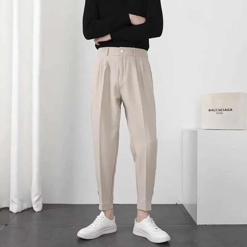 Elastic Waist Slim Fit Men's Casual Pants: Korean Style Pleated Tapered Design