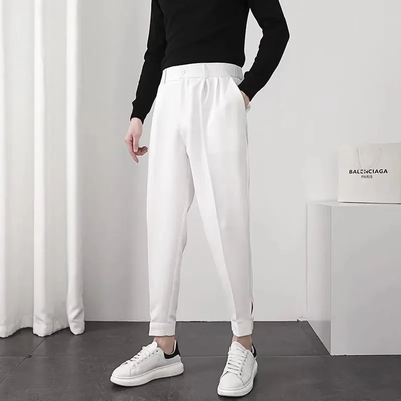 Elastic Waist Slim Fit Men's Casual Pants: Korean Style Pleated Tapered Design