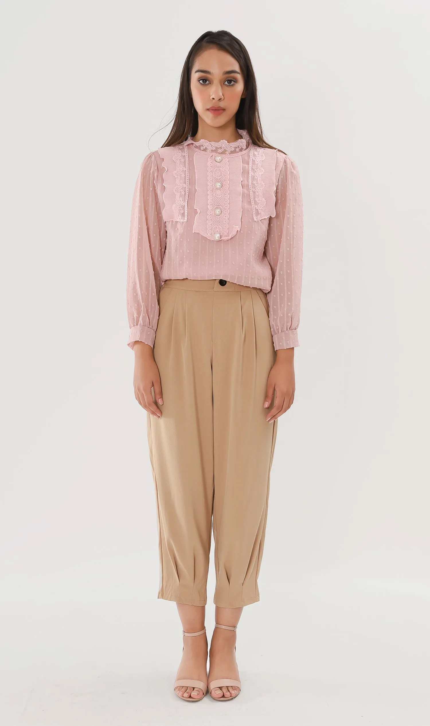 EZRA High-Waisted Pleated Tailored Trousers (Latte)