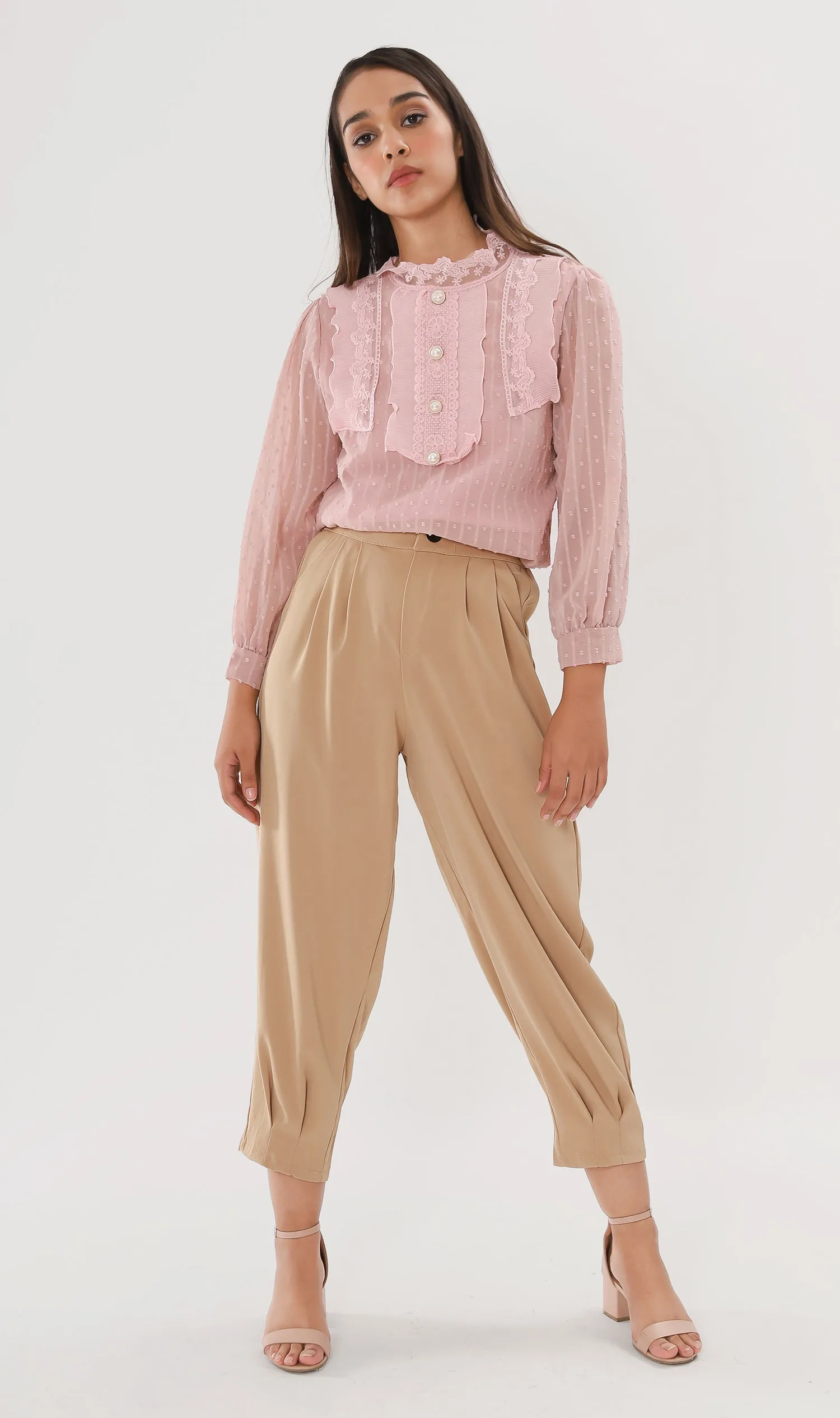 EZRA High-Waisted Pleated Tailored Trousers (Latte)