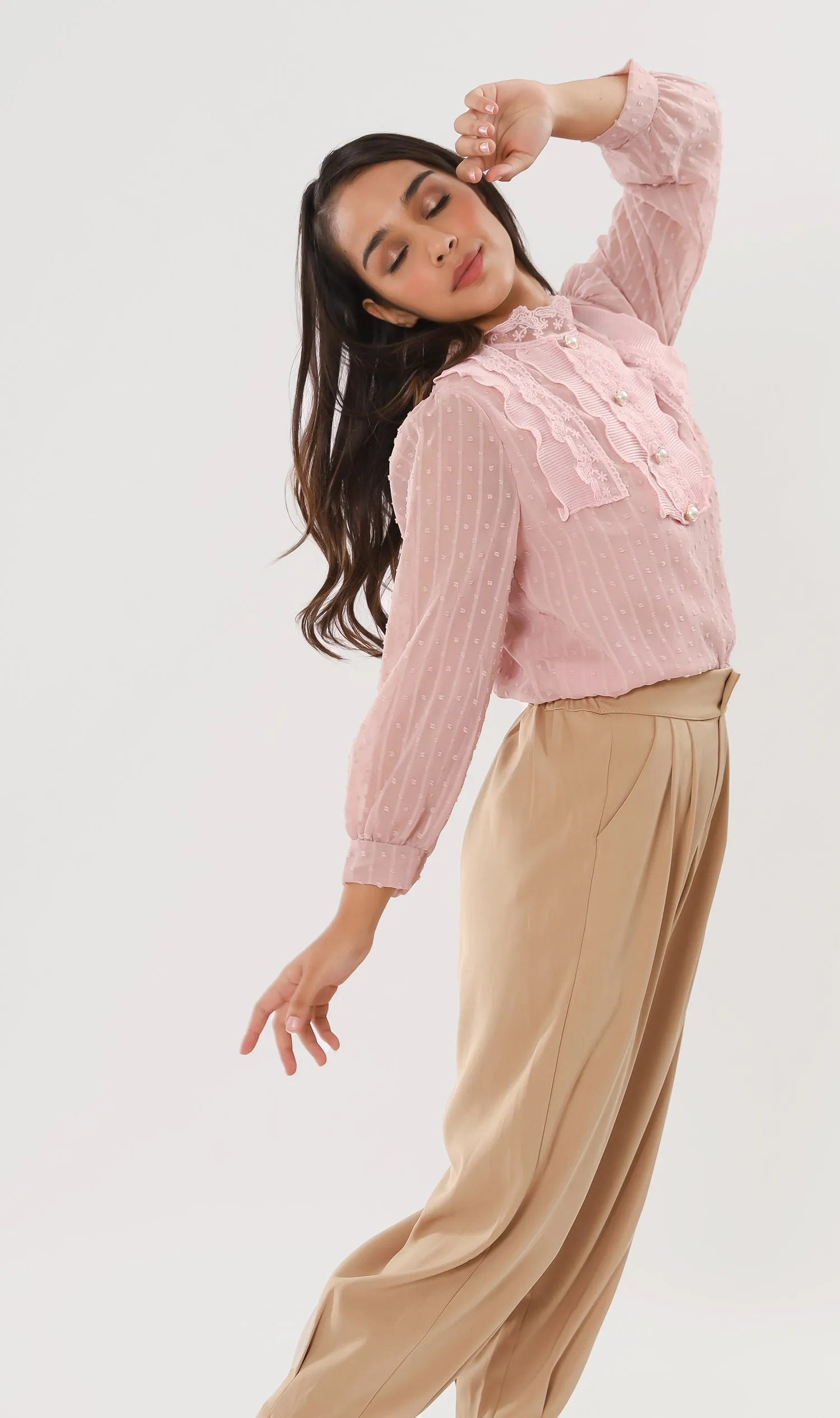 EZRA High-Waisted Pleated Tailored Trousers (Latte)