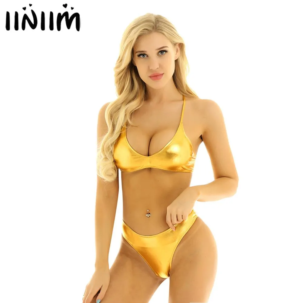 Femme Womens Shiny Metallic Bikini Set for Swimsuit Swimwear Summer Parties Strappy Cross Back Crop Top with Briefs Underwear