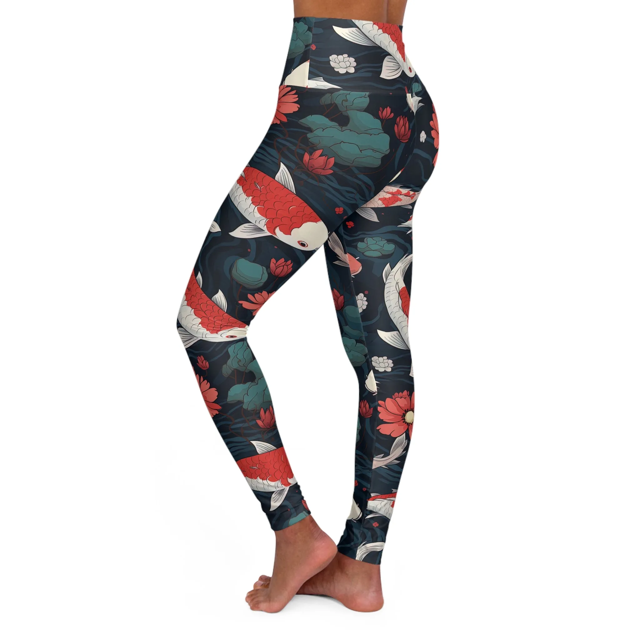 Floral High Waisted Yoga Leggings - Koi Fish Design for Comfort & Style