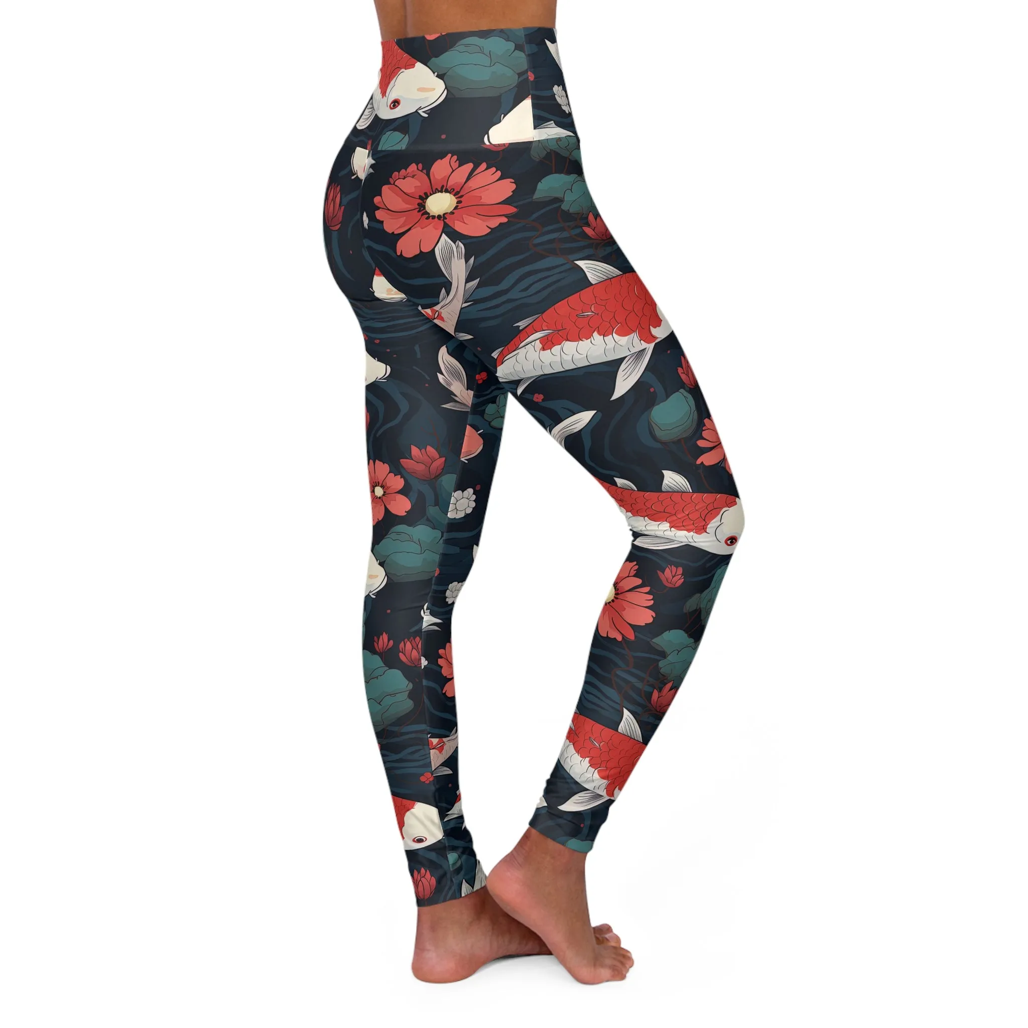 Floral High Waisted Yoga Leggings - Koi Fish Design for Comfort & Style