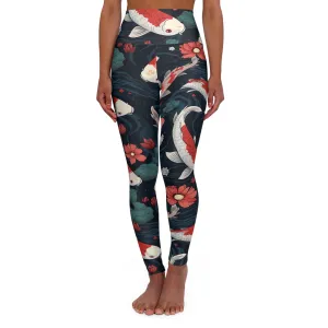 Floral High Waisted Yoga Leggings - Koi Fish Design for Comfort & Style