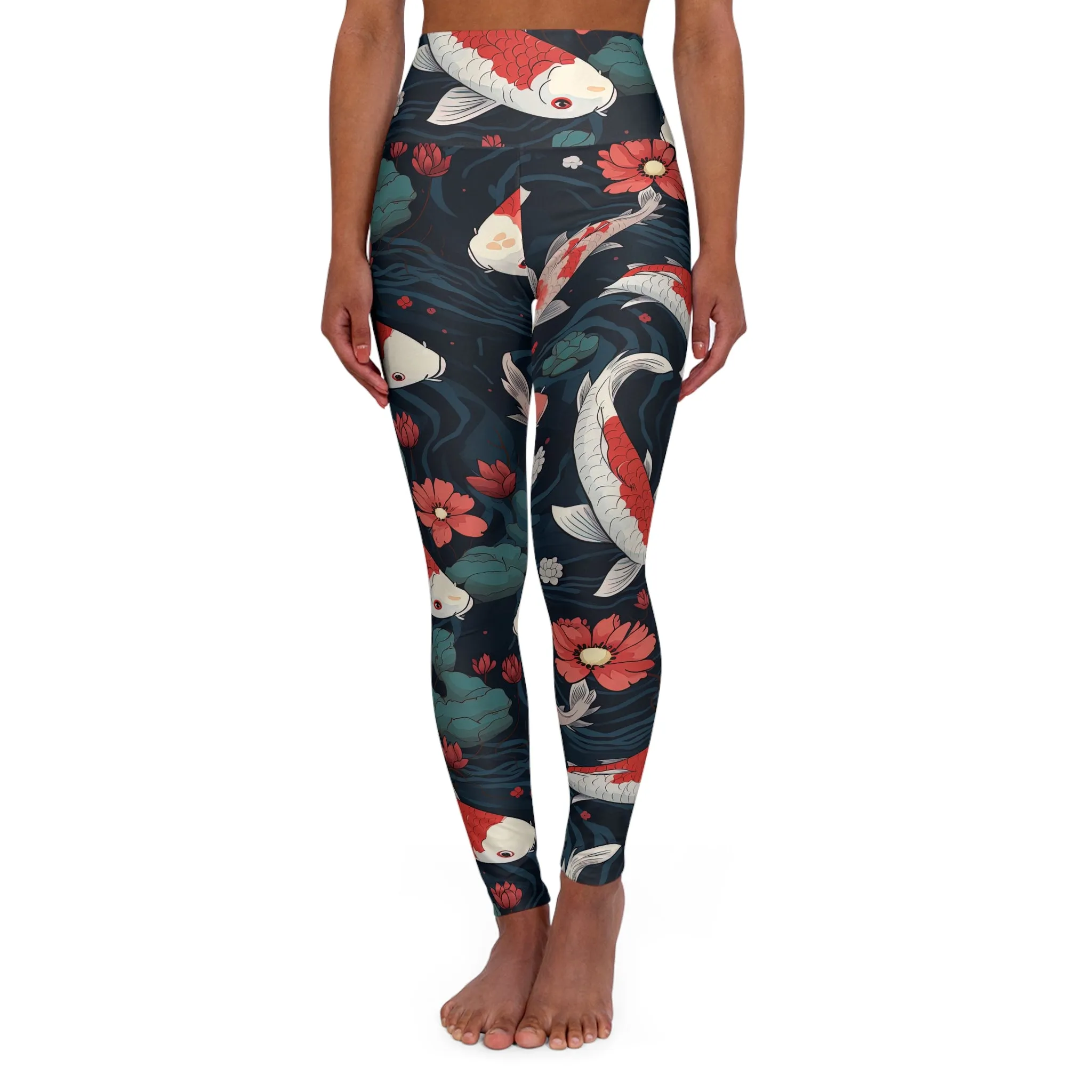 Floral High Waisted Yoga Leggings - Koi Fish Design for Comfort & Style