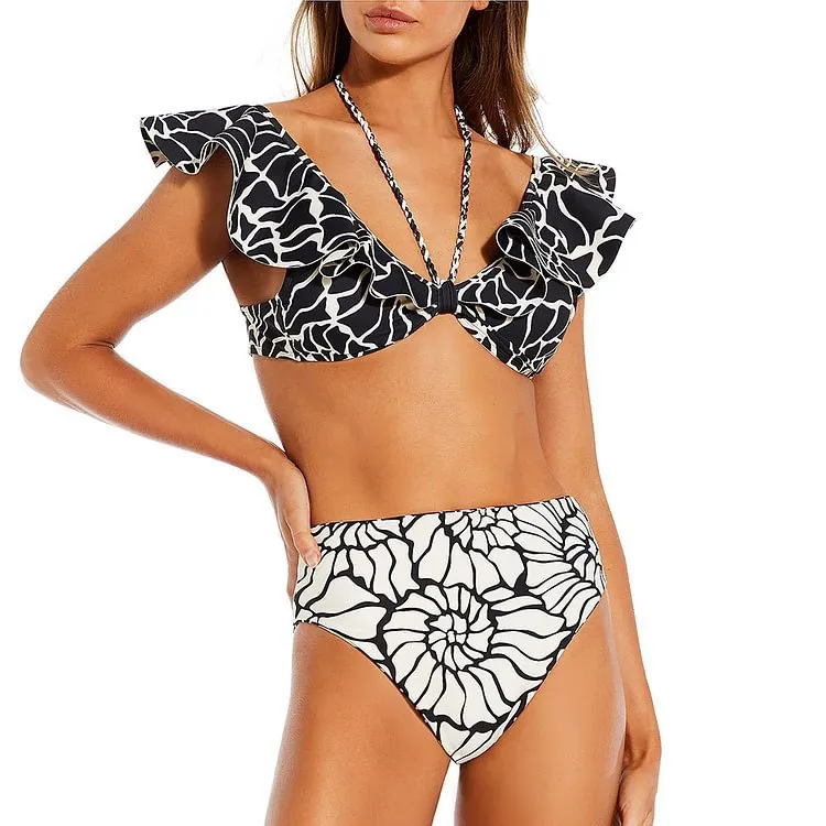 Flounced Halter Split Double Sided High Waist Bikini Set