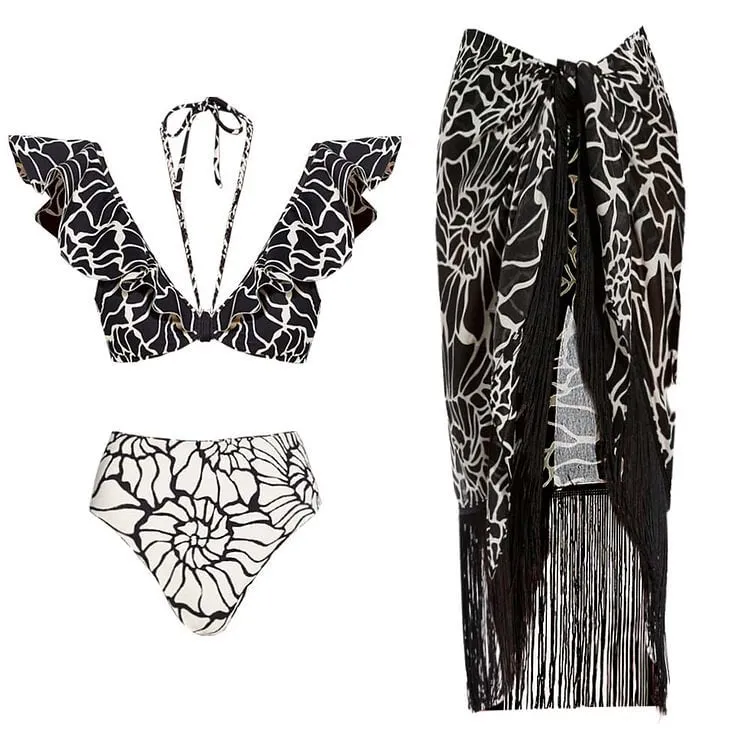 Flounced Halter Split Double Sided High Waist Bikini Set