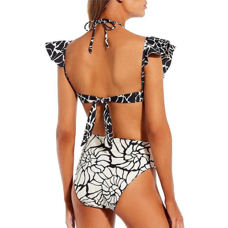 Flounced Halter Split Double Sided High Waist Bikini Set