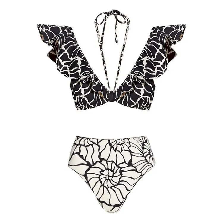 Flounced Halter Split Double Sided High Waist Bikini Set