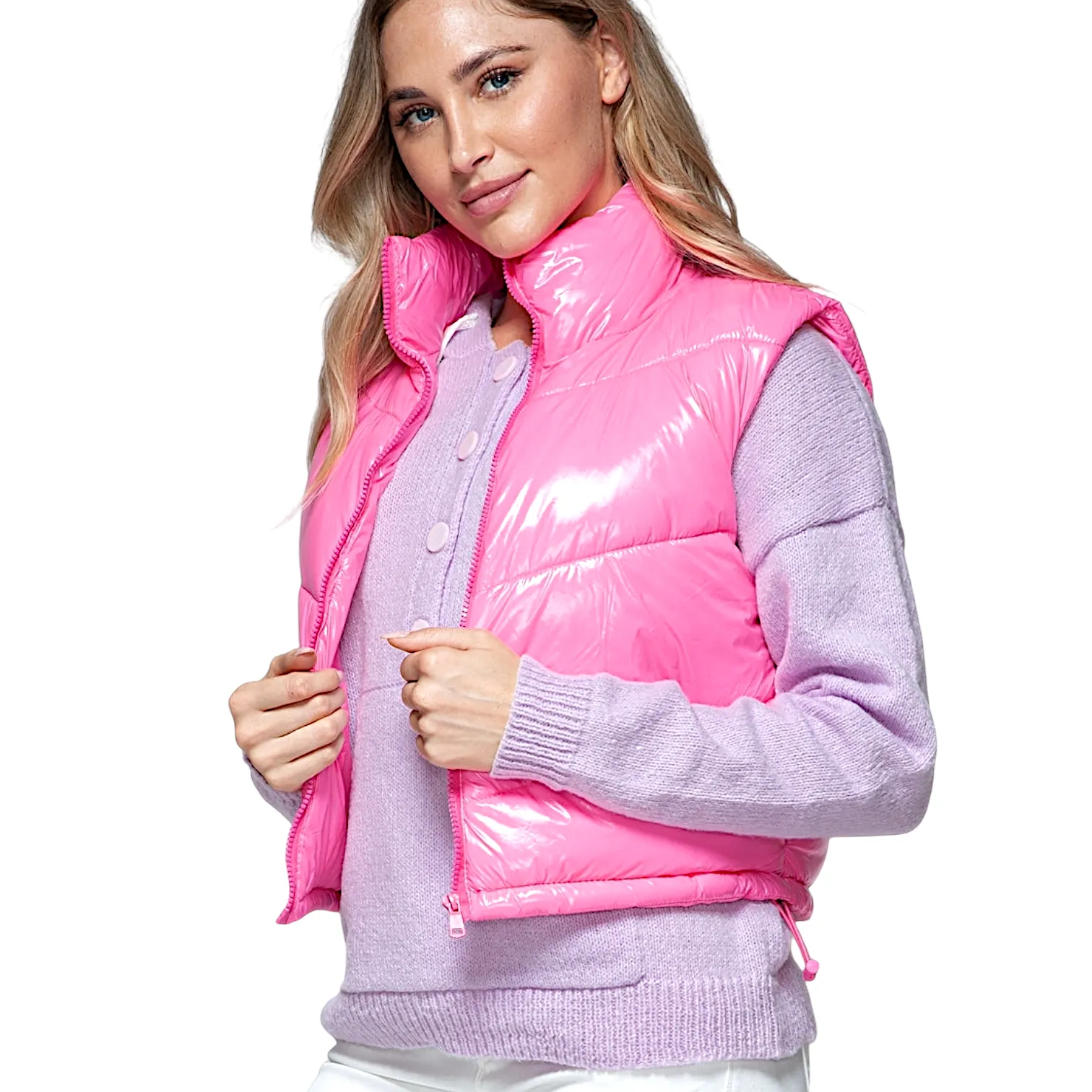 Glossy Pink Shiny Quilted Puffer Vest