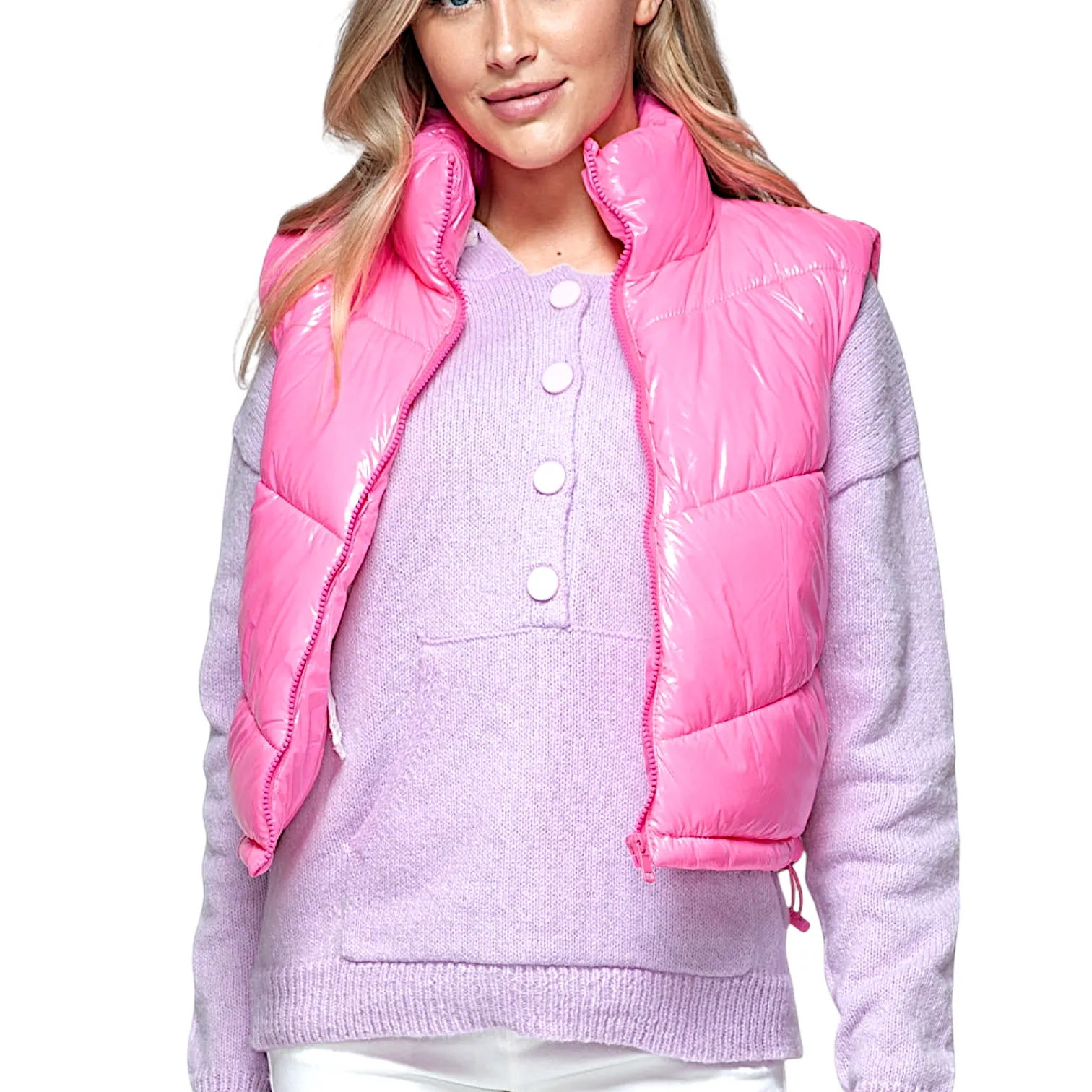 Glossy Pink Shiny Quilted Puffer Vest