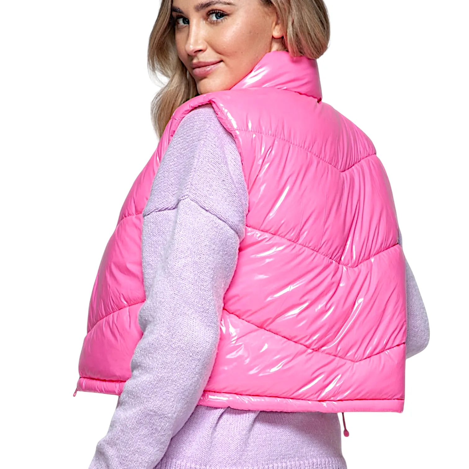 Glossy Pink Shiny Quilted Puffer Vest