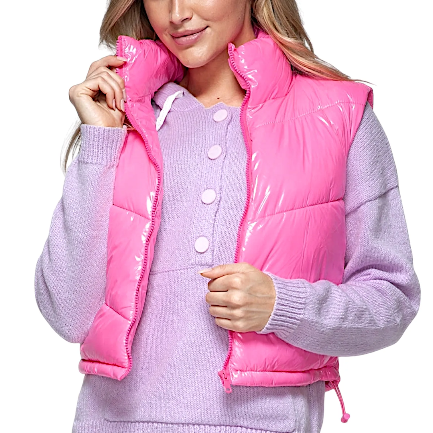 Glossy Pink Shiny Quilted Puffer Vest