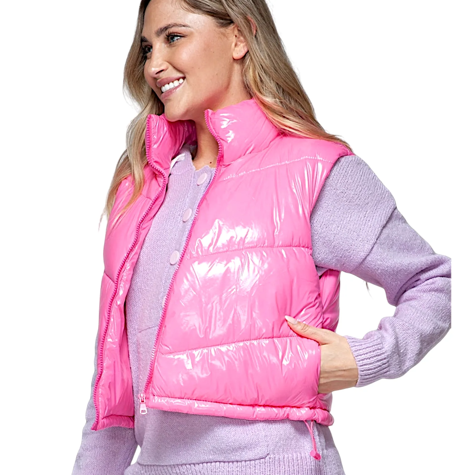 Glossy Pink Shiny Quilted Puffer Vest
