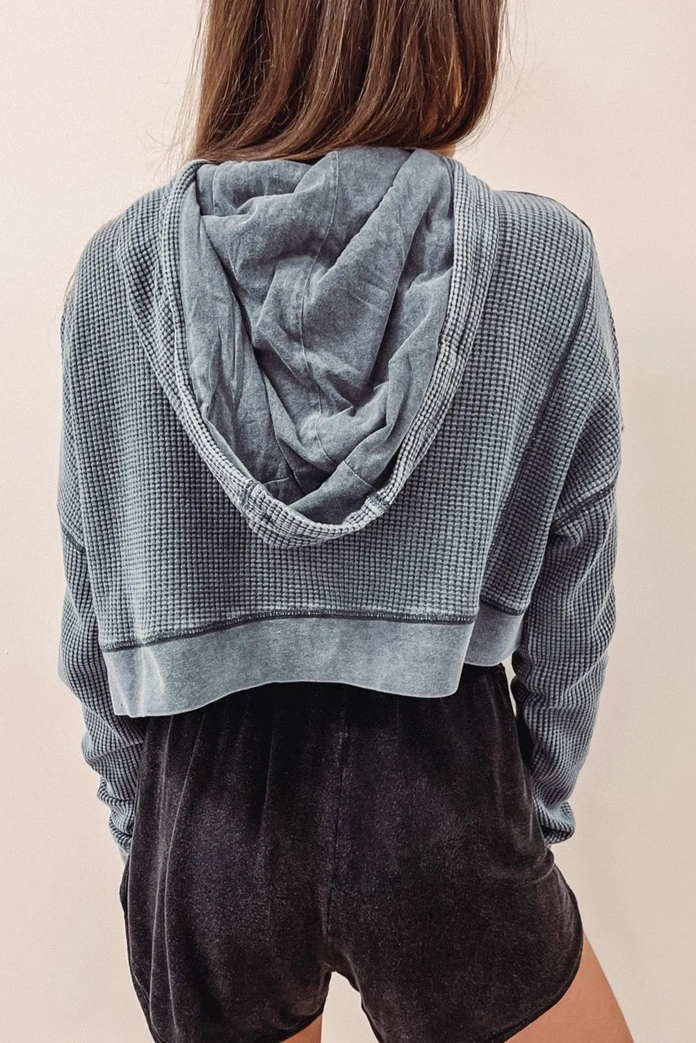 Gray Waffle Knit Textured Cropped Hoodie