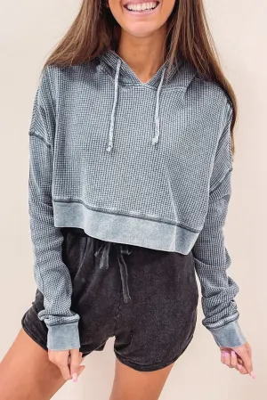 Gray Waffle Knit Textured Cropped Hoodie