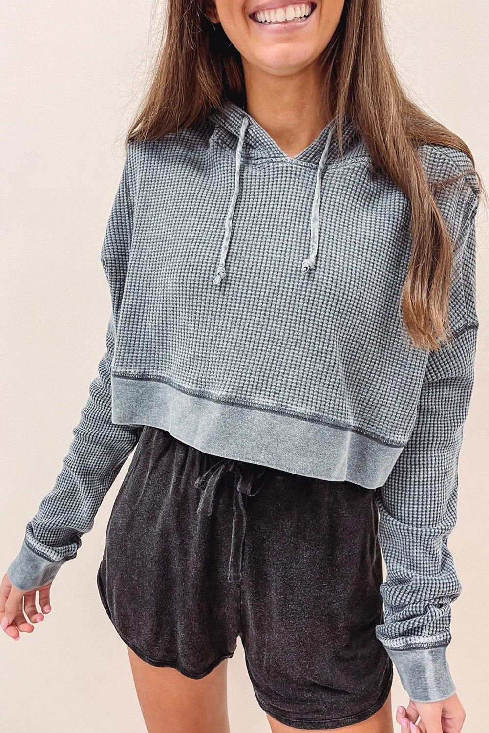 Gray Waffle Knit Textured Cropped Hoodie