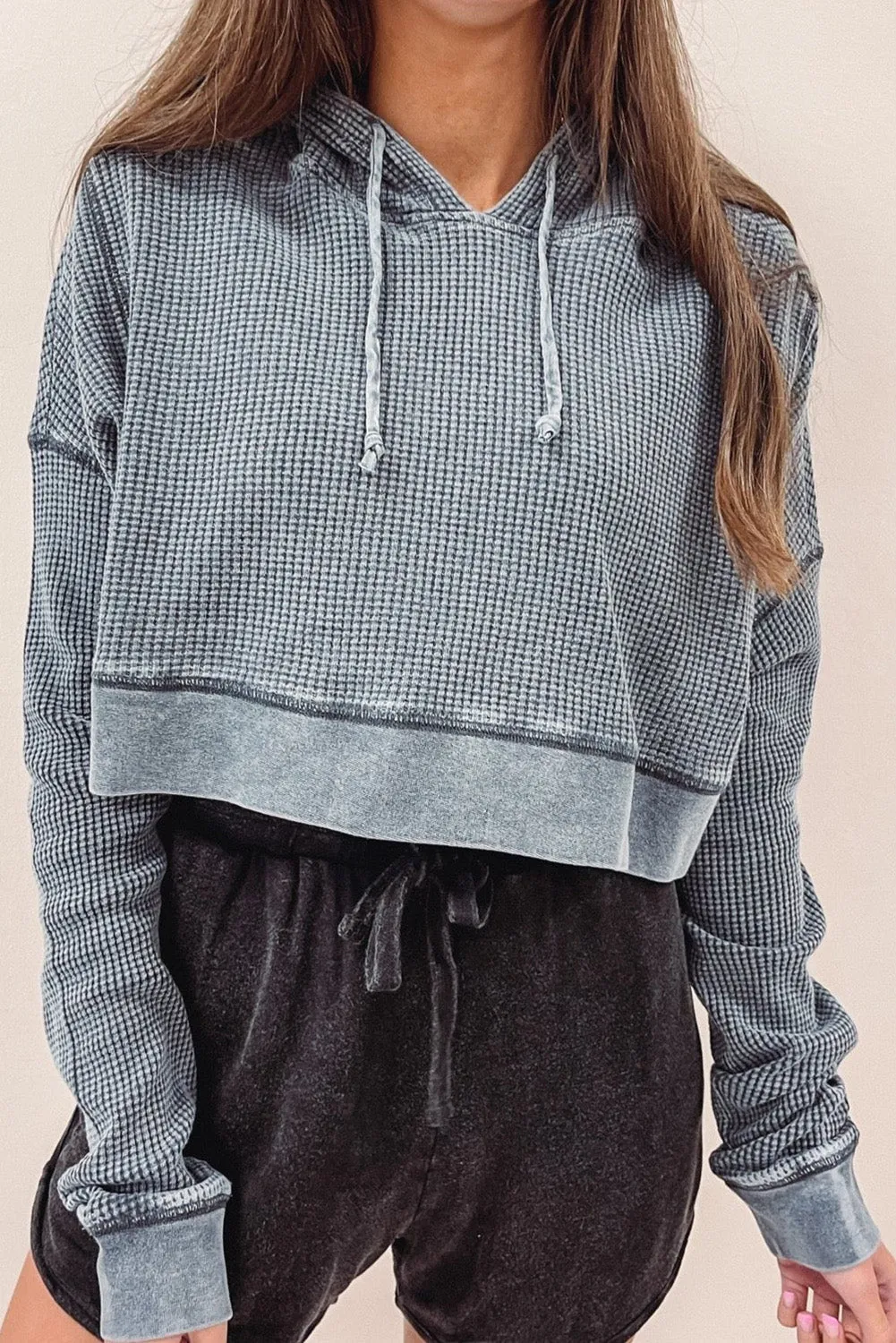 Gray Waffle Knit Textured Cropped Hoodie