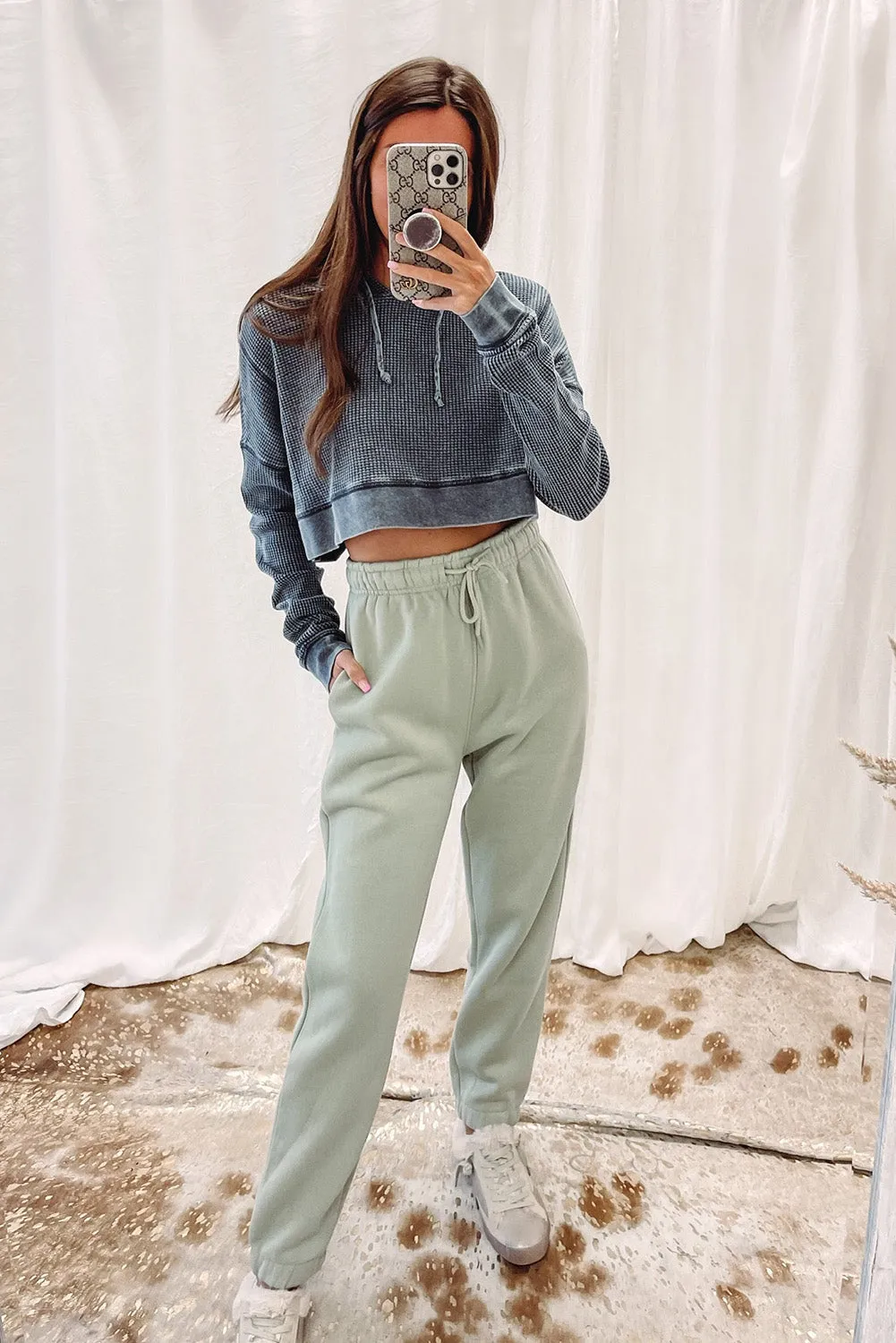 Gray Waffle Knit Textured Cropped Hoodie