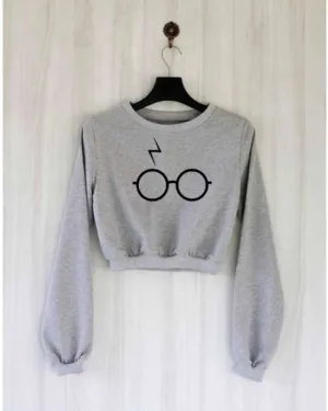 GREY PRINTED CROPPED HOODIE FOR womens 678