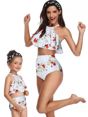 Halterneck Tiered Ruffle Mommy And Me Matching Bikinis