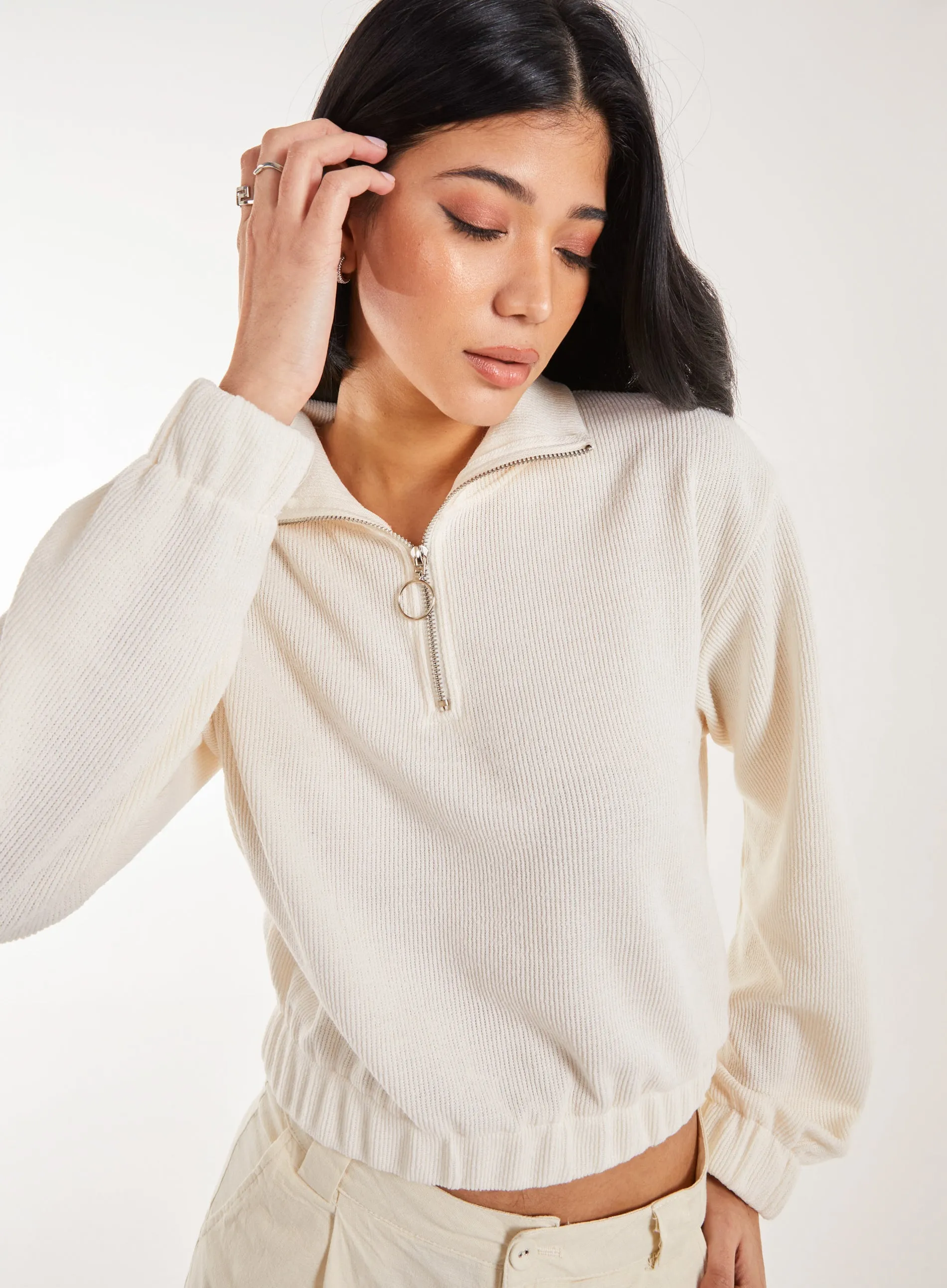 High Neck Zip Up Cropped Sweatshirt