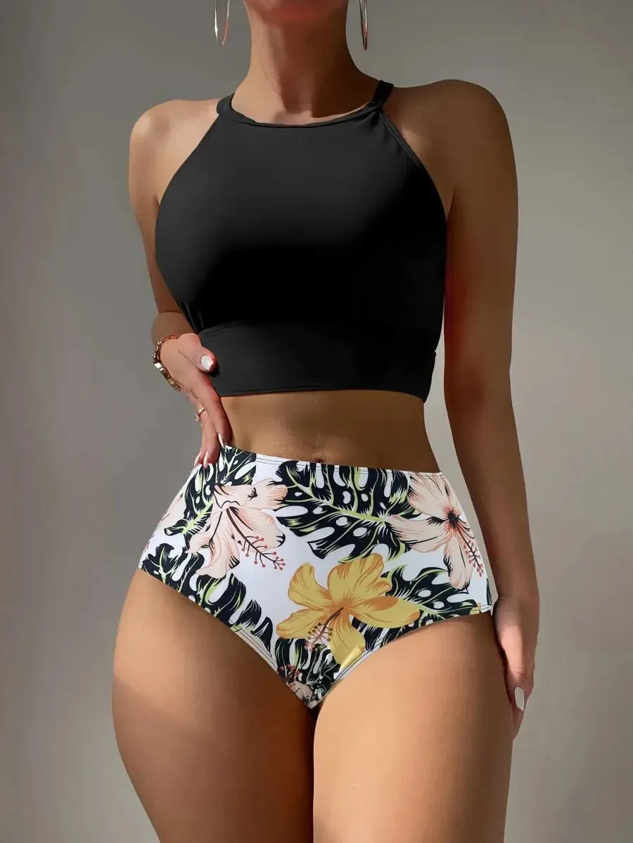 High Waist Bikinis Women High Neck Swimsuit Floral Swimwear Female Bathers Bathing Swimming Suit Summer Beachwear