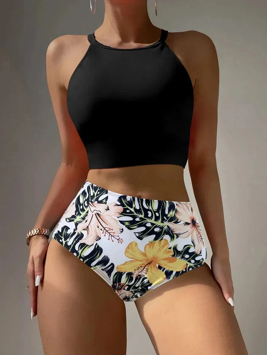 High Waist Bikinis Women High Neck Swimsuit Floral Swimwear Female Bathers Bathing Swimming Suit Summer Beachwear