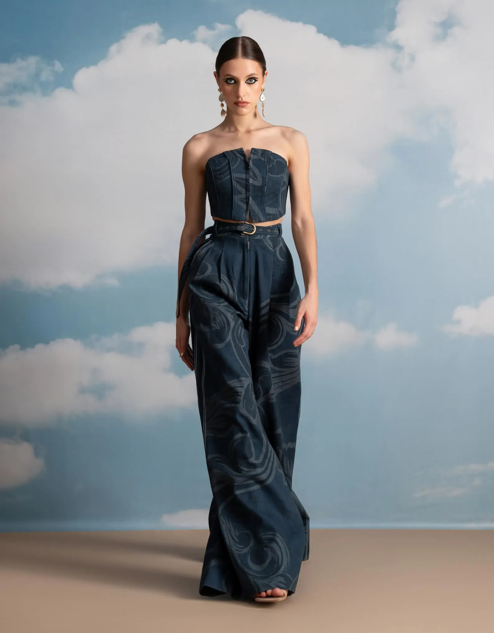 Indigo printed pleated pants and corset