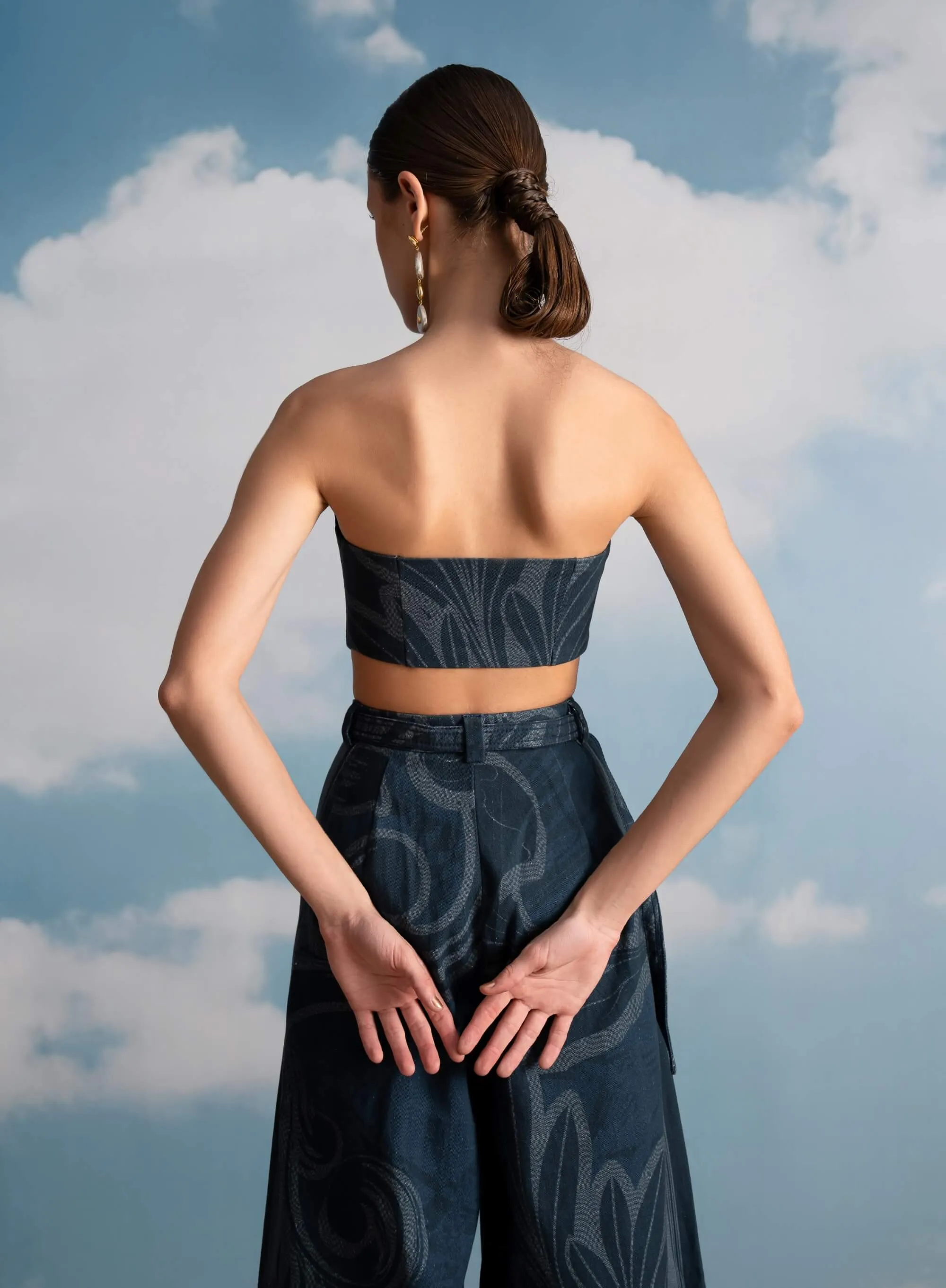 Indigo printed pleated pants and corset