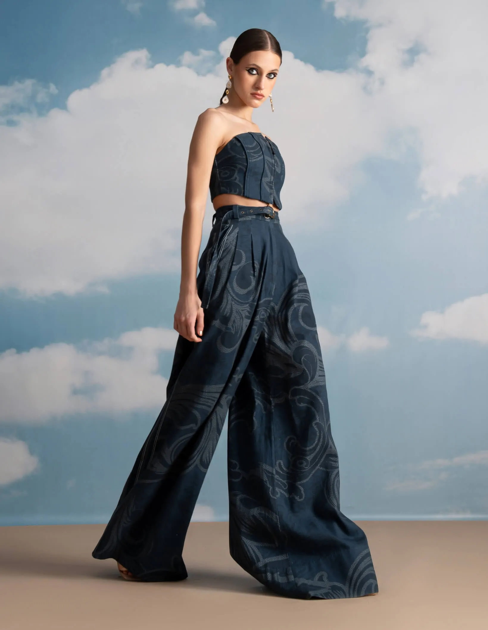 Indigo printed pleated pants and corset