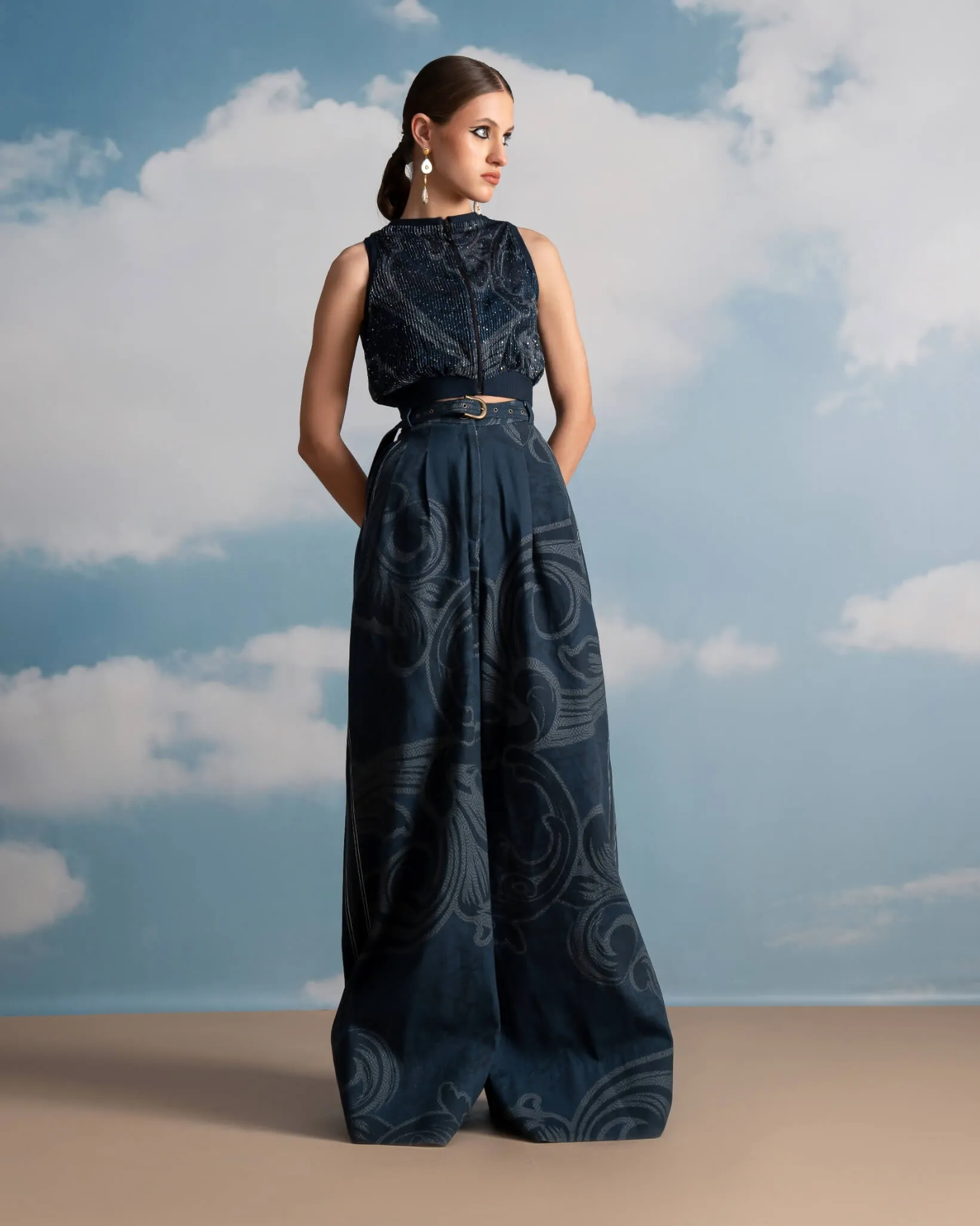 Indigo printed pleated pants and corset