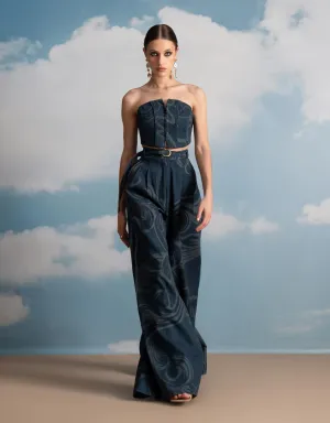 Indigo printed pleated pants and corset