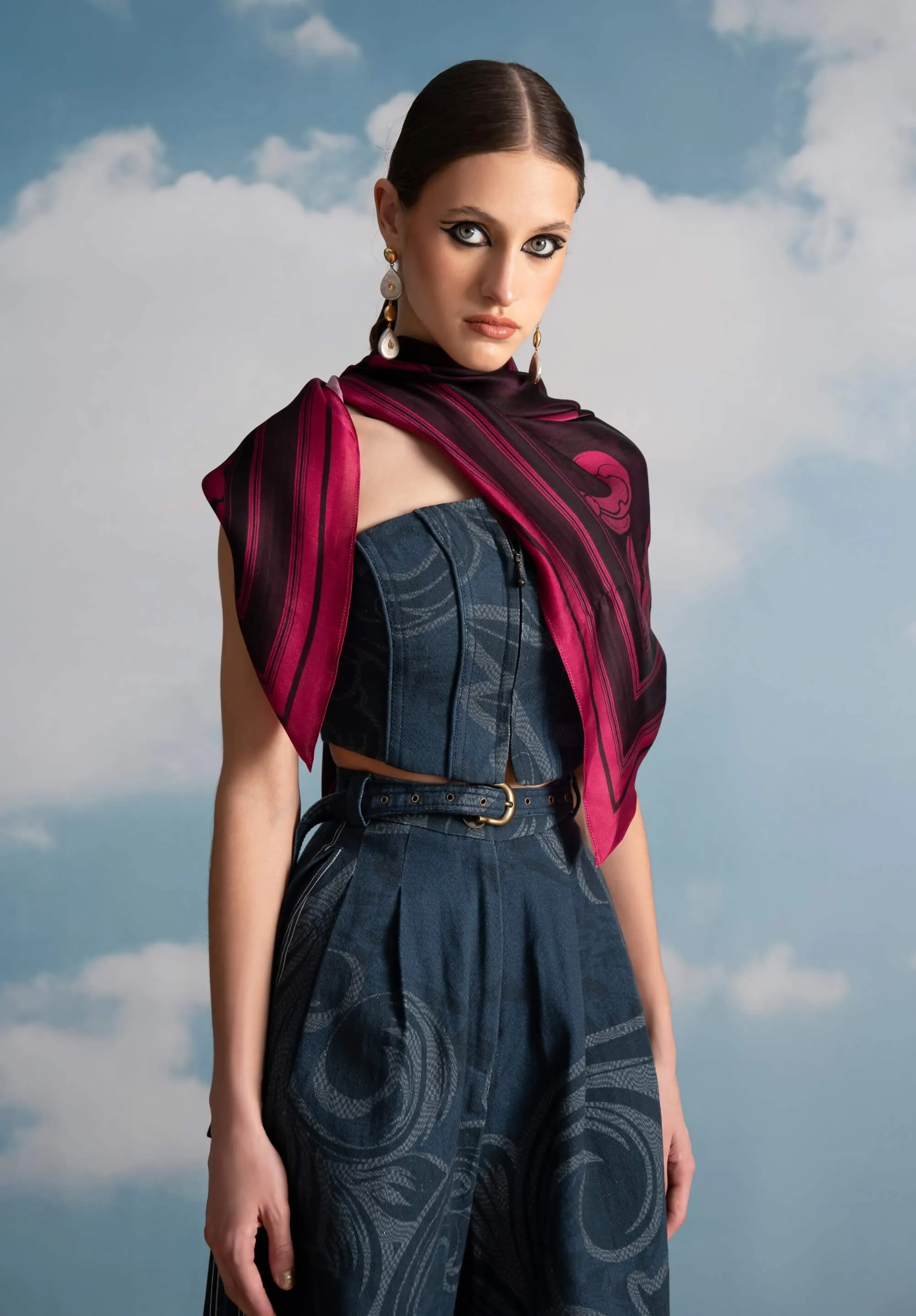 Indigo printed pleated pants and corset