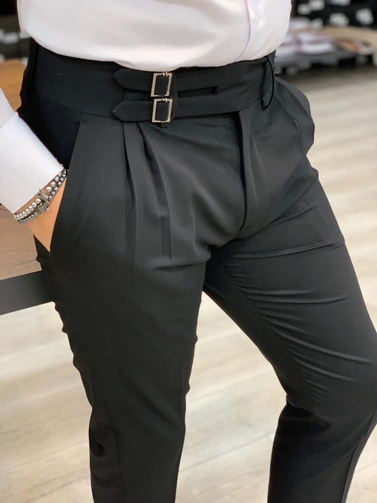 Jake Black Double Pleated Buckled Slim Pants - Versatile Elegance for Every Occasion