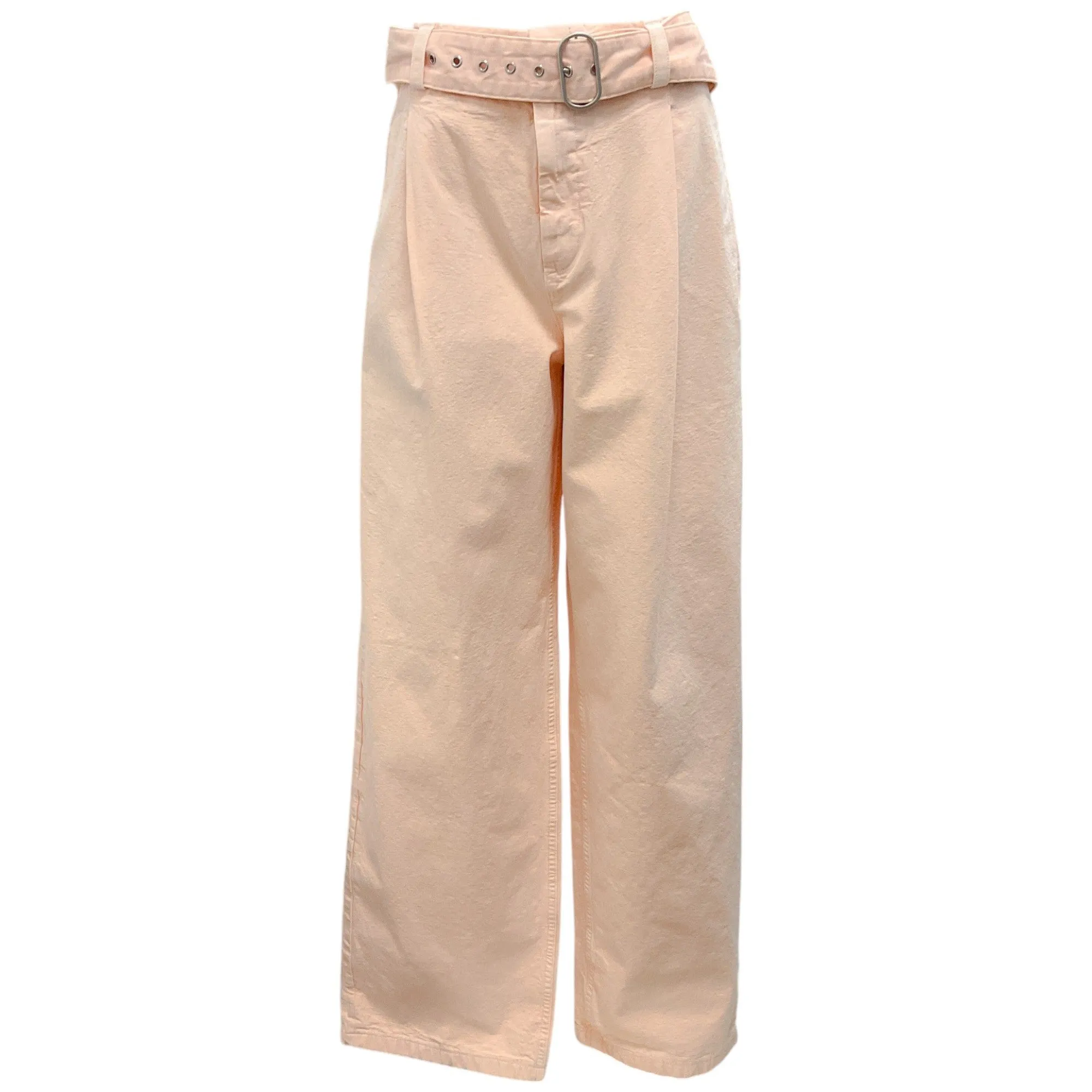 Jil Sander Light Pink 2021 Belted Pleated Cotton Canvas Straight Leg Pants