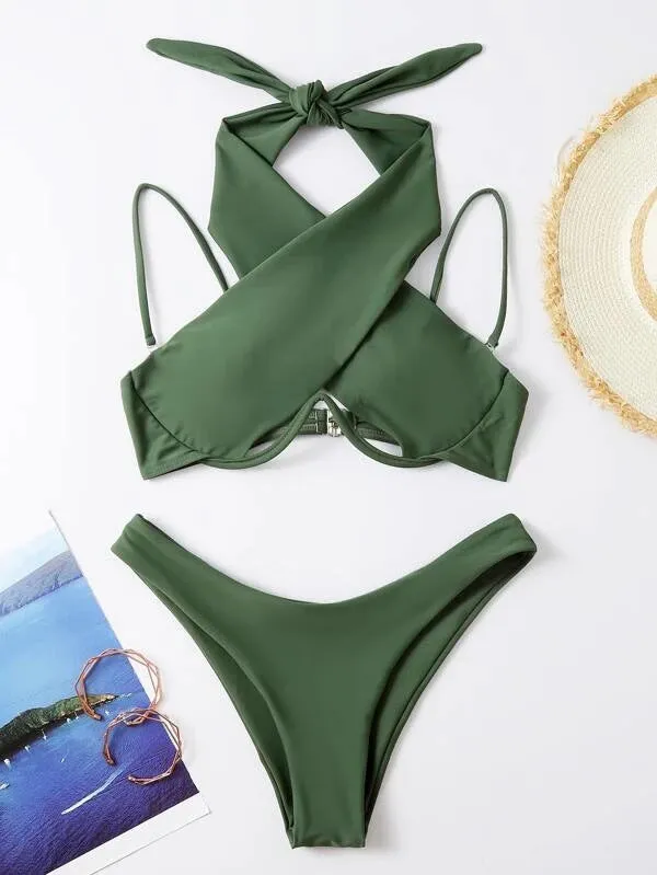 Ladies Summer Solid Color Sexy Swimsuit Adult Female Bikini 2022